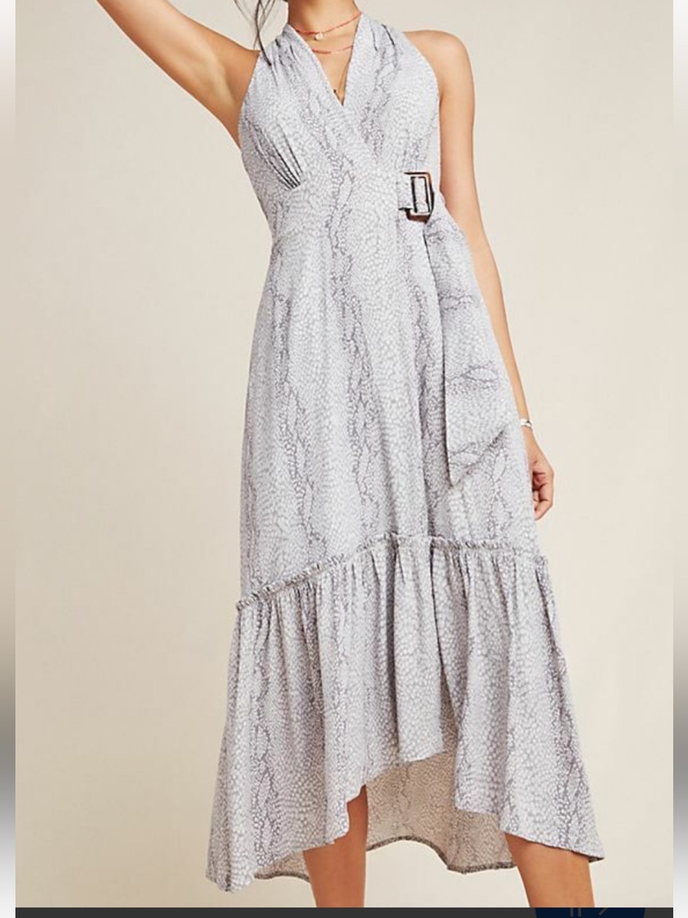 Anthropologie Light Gray Snake-Print Halter Dress